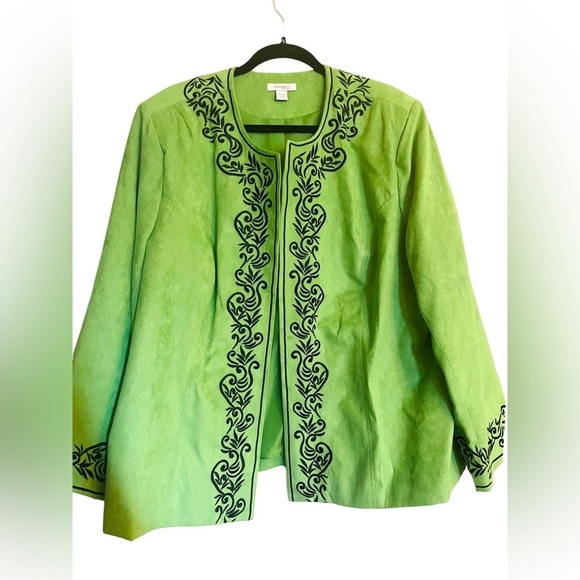 dressbarn Jackets & Blazers - DRESSBARN Woman Sz 22/24 Blazer •Green Suede Black Embroidery •Open Front • EUC